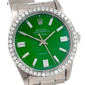 Rolex Air-King SS Watch 34MM Green Dial Diamond Bezel Oyster Band 14000