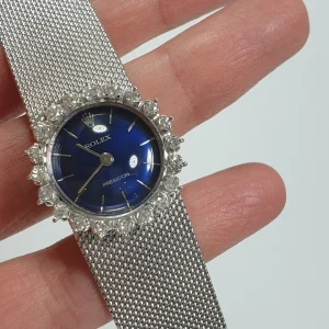 Vintage Lady Rolex Precision 18K White Gold Natural Diamonds Blue Dial