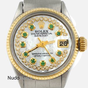 Lady Rolex 26Mm Two Tone Mop Dial Diamonds And Emeralds Oyster Perpetual