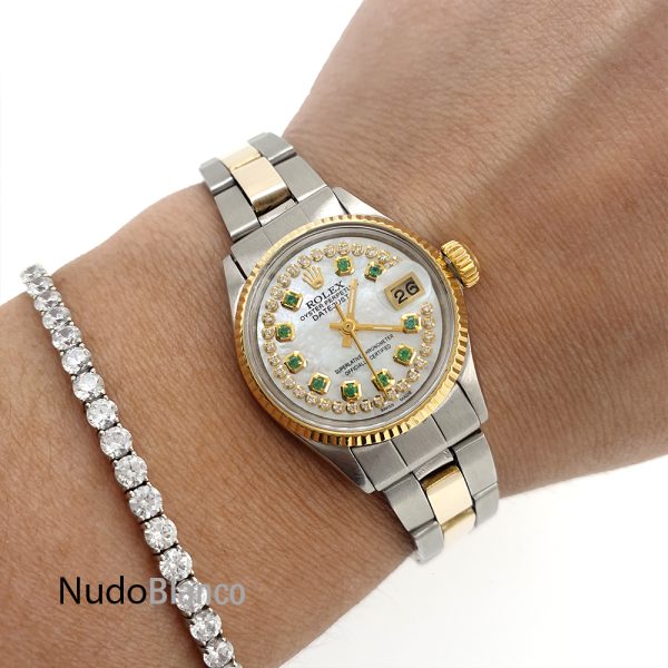 Lady Rolex 26Mm Two Tone Mop Dial Diamonds And Emeralds Oyster Perpetual - Image 2