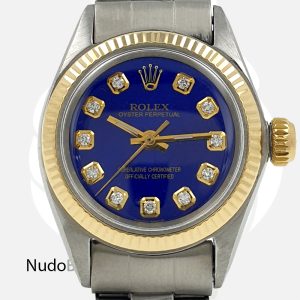 Lady Rolex 26Mm Two Tone Oyster Band Blue Diamond Dial Oyster Perpetual 6619