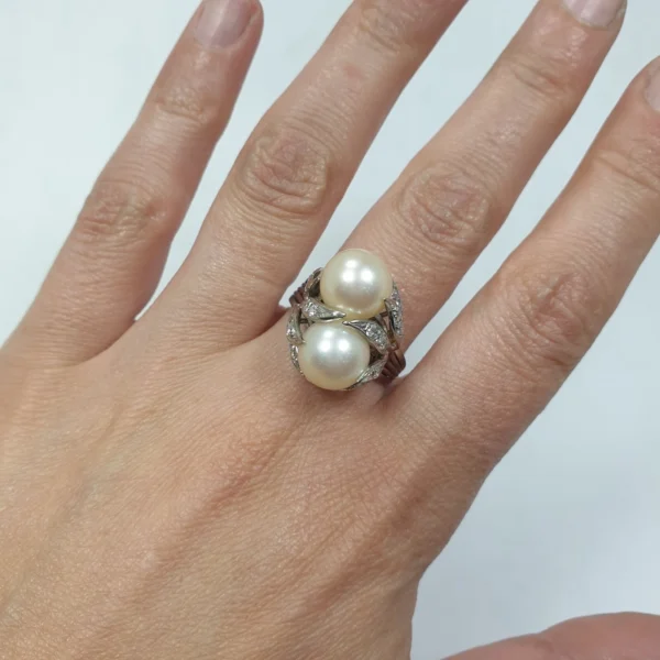Vintage South Sea Pearl Ring Toi Et Moi Diamonds 15k White Gold - Image 2