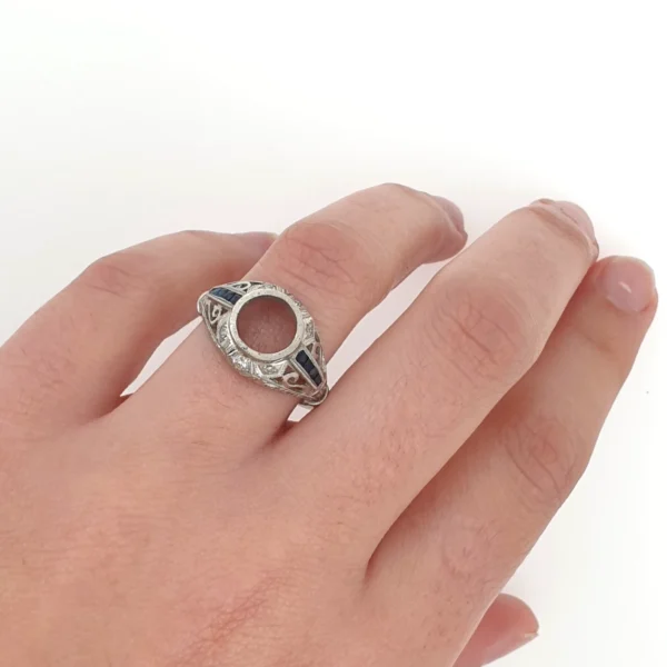Art Deco Vintage Engagement Mounting Ring Platinum 900 with Diamonds & Sapphires - Image 2