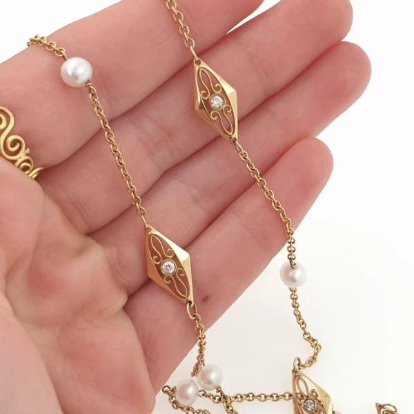 Long Double Stack 14k Gold Necklace with Pearls and Diamonds 0.78ct - Image 2
