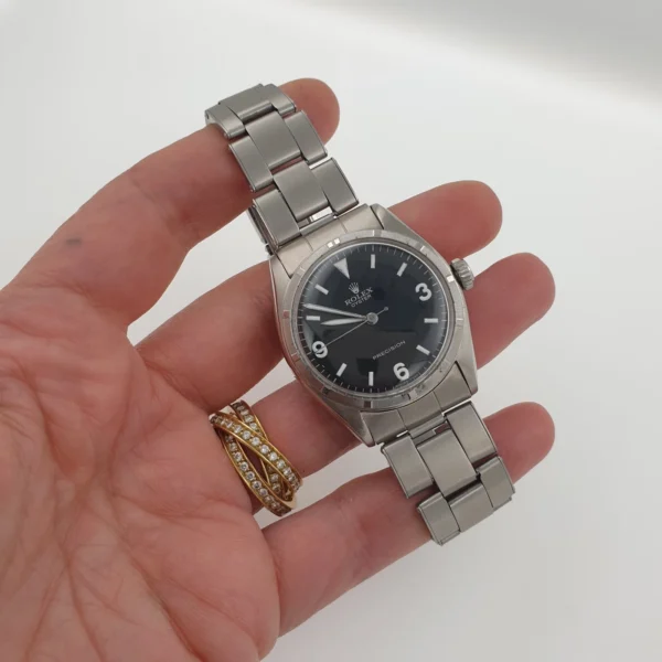 Vintage Automatic Rolex Precision Black Dial Oyster Band Ref 6085 Big Bubbleback - Image 4