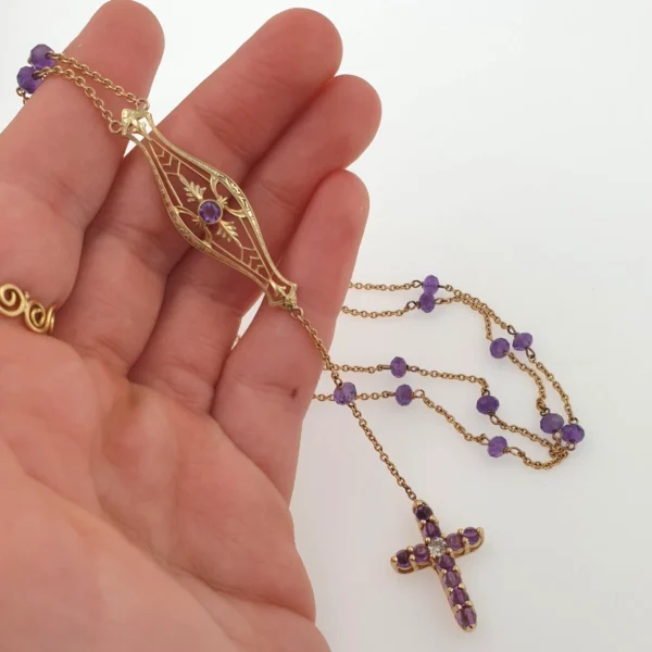 Vintage Rosary Cross 14k Yellow Gold with Amethysts & Diamond - Image 3