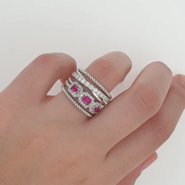 Big Stacked 14K White Gold Ring with Diamonds and Pink Rubies - Image 2