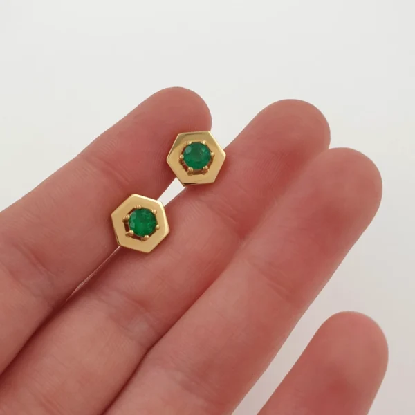 Hexagon 18k Gold Earrings with Emeralds - Image 2