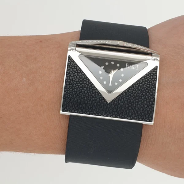 Big Piaget Limelight 18k White Gold Diamond Love Letter Secret Black Satin Strap - Image 2