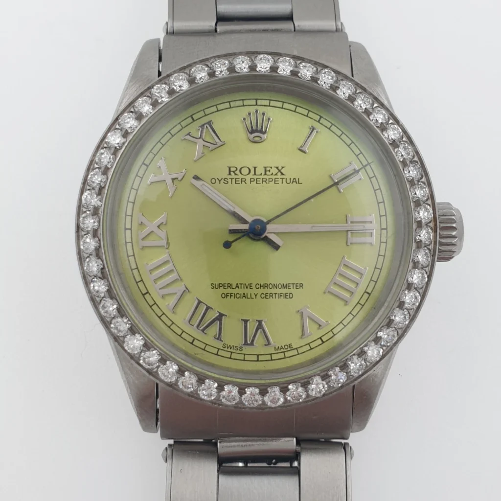 Unisex Vintage Automatic Rolex 31mm Green Mint Dial Roman Numerals Diamond Bezel