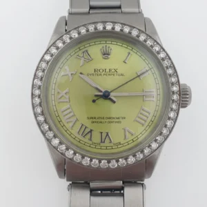 Unisex Vintage Automatic Rolex 31mm Green Mint Dial Roman Numerals Diamond Bezel