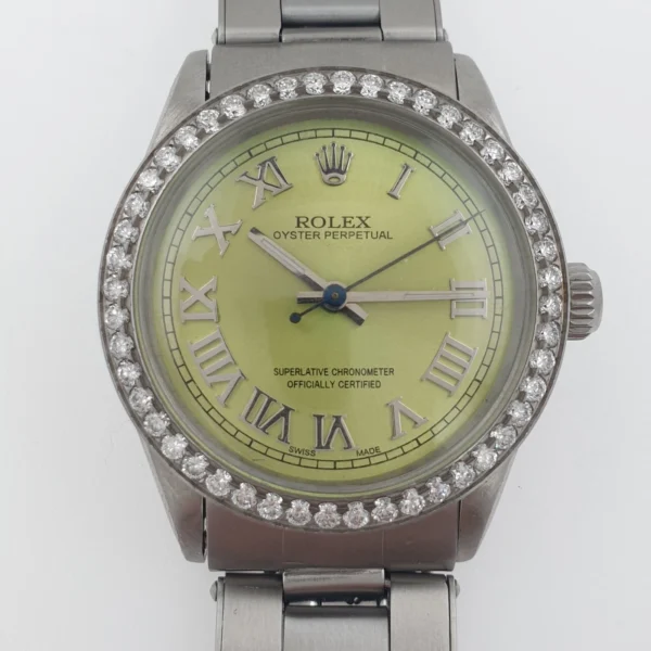 Unisex Vintage Automatic Rolex 31mm Green Mint Dial Roman Numerals Diamond Bezel