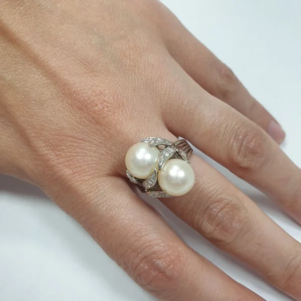 Vintage South Sea Pearl Ring Toi Et Moi Diamonds 15k White Gold - Image 3