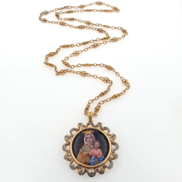 Antique Victorian Our Lady of Mount Carmel Rose Gold Enamel Pendant & Necklace - Image 3