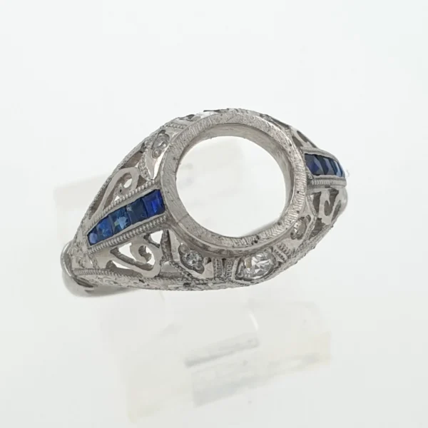 Art Deco Vintage Engagement Mounting Ring Platinum 900 with Diamonds & Sapphires - Image 3