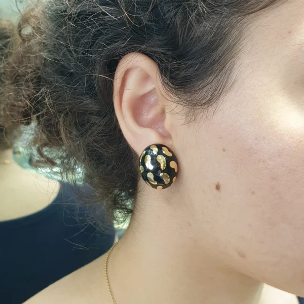 Enamel Gold Onyx Mismatch Jelly Bean Nuggets Large Oval Stud Earrings 18k Inlay - Image 2
