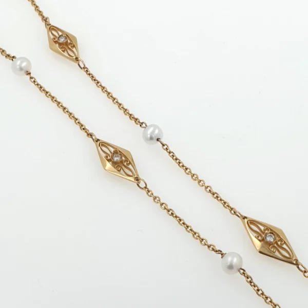 Long Double Stack 14k Gold Necklace with Pearls and Diamonds 0.78ct - Image 3