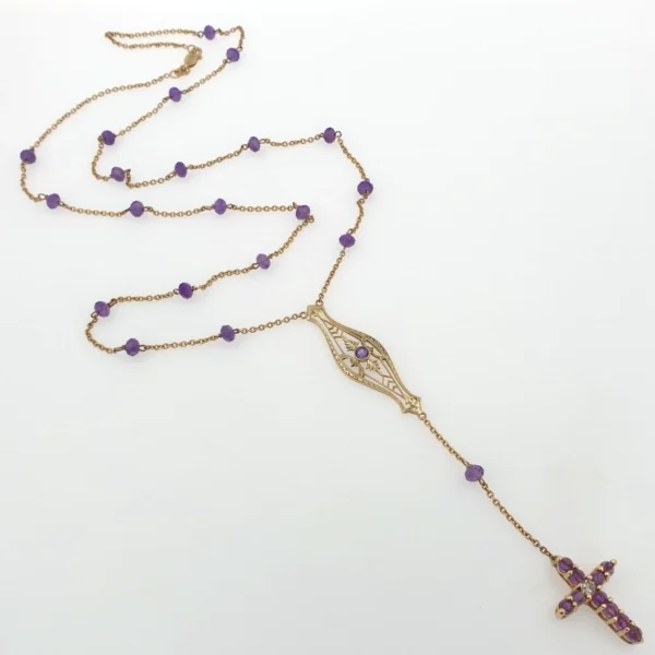 Vintage Rosary Cross 14k Yellow Gold with Amethysts & Diamond - Image 2