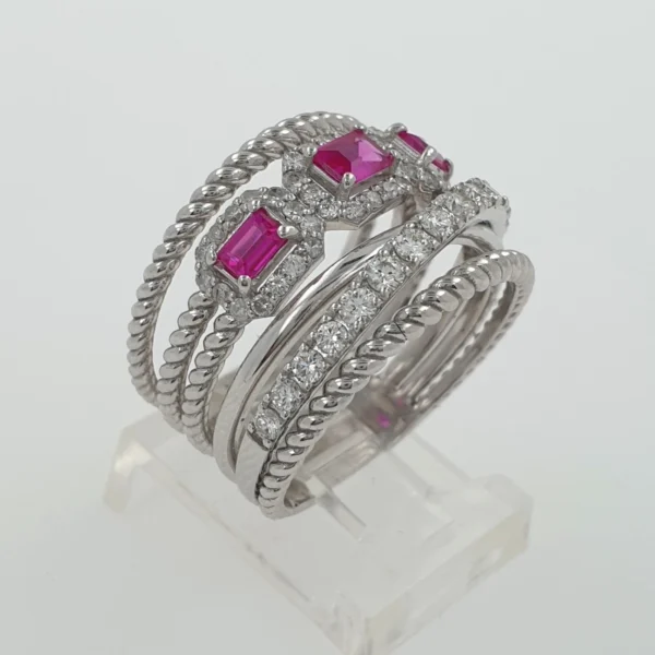 Big Stacked 14K White Gold Ring with Diamonds and Pink Rubies - Image 3