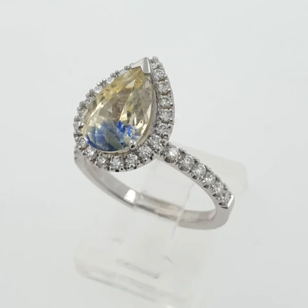 Two Tone Sapphire Teardrop Engagement 14K White Gold Ring with Diamonds - Image 4