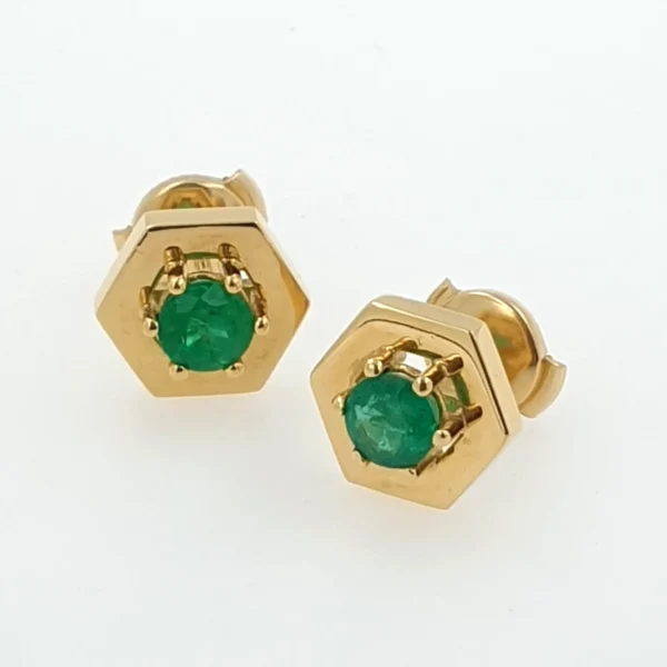 Hexagon 18k Gold Earrings with Emeralds - Image 3