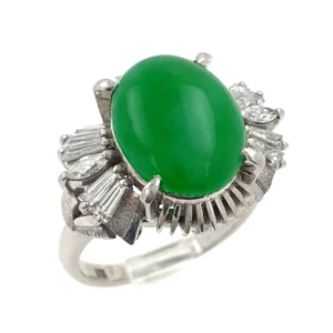 Art Deco Platinum 900 Handmade Ring with Natural Jade & Natural Diamonds 8.4gr