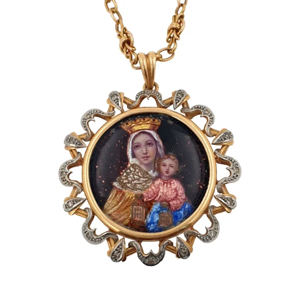 Antique Victorian Our Lady of Mount Carmel Rose Gold Enamel Pendant & Necklace