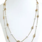 Long Double Stack 14k Gold Necklace with Pearls and Diamonds 0.78ct