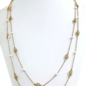 Long Double Stack 14k Gold Necklace with Pearls and Diamonds 0.78ct