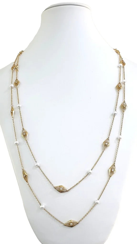 Long Double Stack 14k Gold Necklace with Pearls and Diamonds 0.78ct