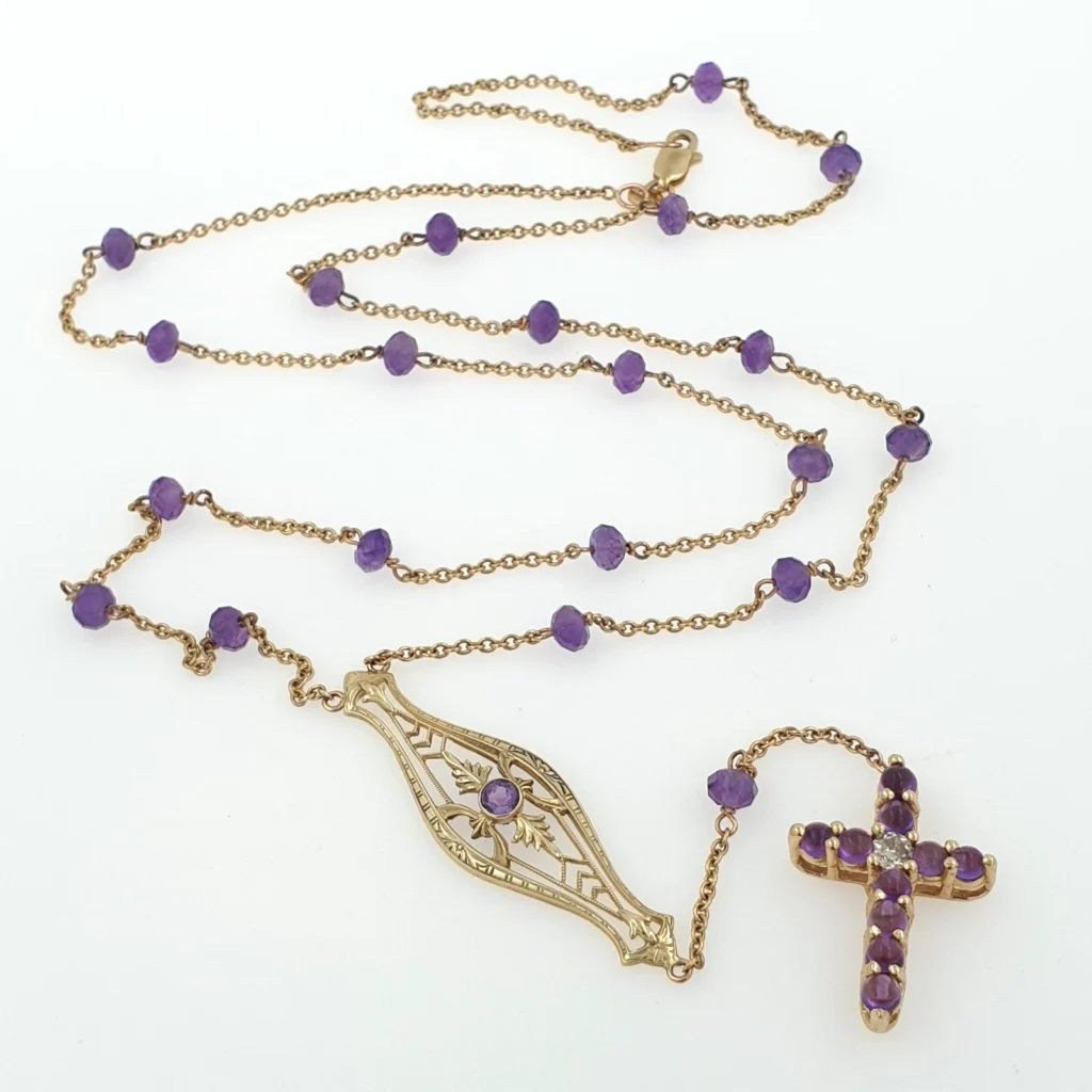 Vintage Rosary Cross 14k Yellow Gold with Amethysts & Diamond