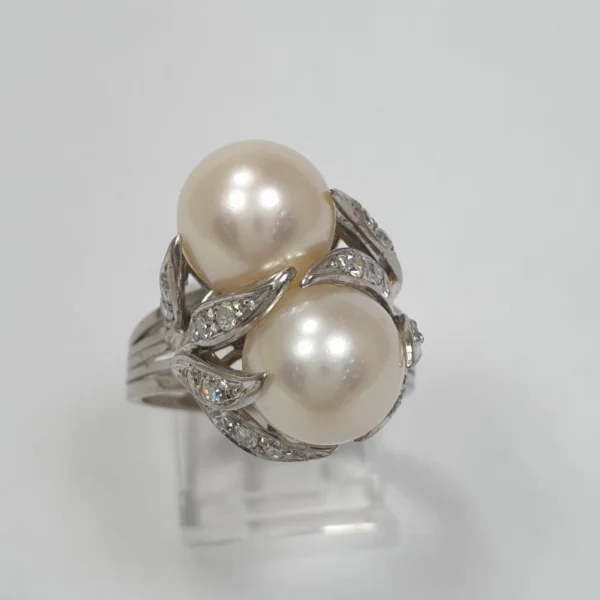 Vintage South Sea Pearl Ring Toi Et Moi Diamonds 15k White Gold - Image 5