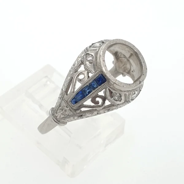 Art Deco Vintage Engagement Mounting Ring Platinum 900 with Diamonds & Sapphires - Image 4