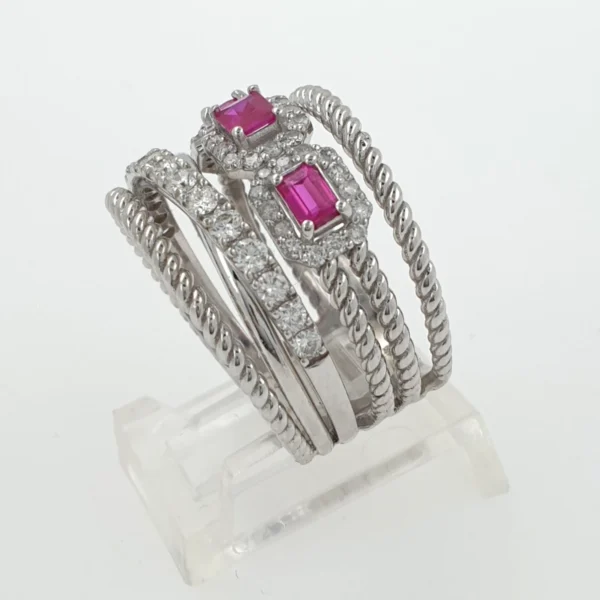Big Stacked 14K White Gold Ring with Diamonds and Pink Rubies - Image 4