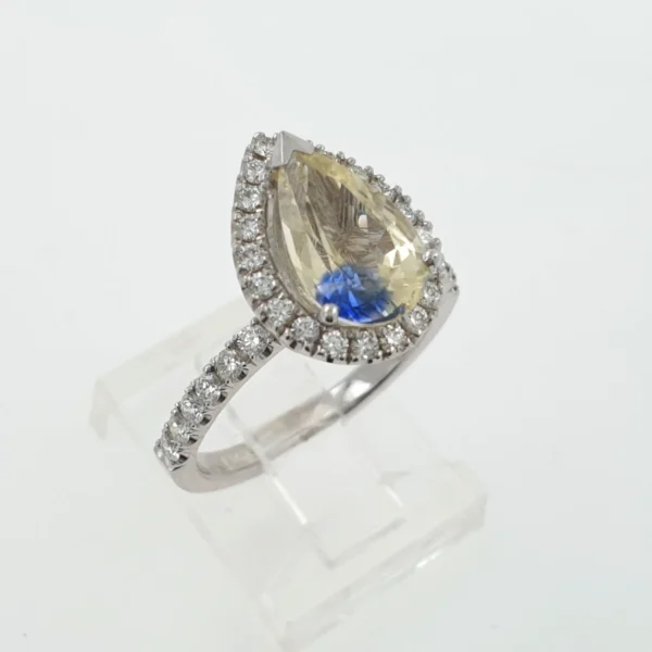 Two Tone Sapphire Teardrop Engagement 14K White Gold Ring with Diamonds - Image 3