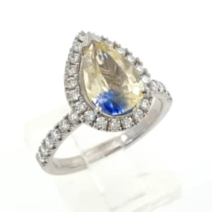 Two Tone Sapphire Teardrop Engagement 14K White Gold Ring with Diamonds