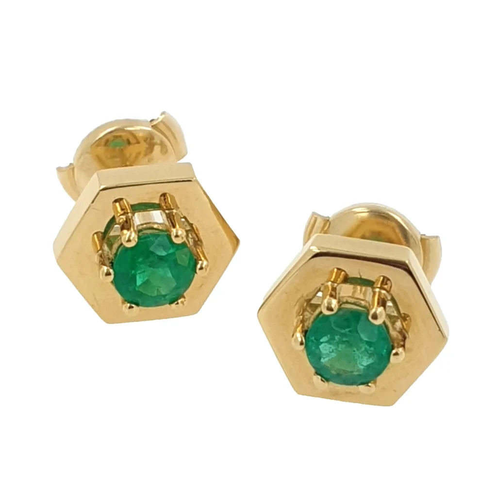 Hexagon 18k Gold Earrings with Emeralds