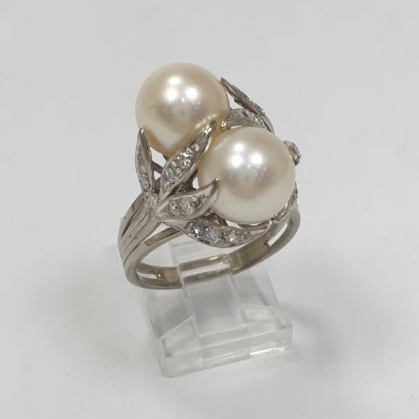 Vintage South Sea Pearl Ring Toi Et Moi Diamonds 15k White Gold - Image 4