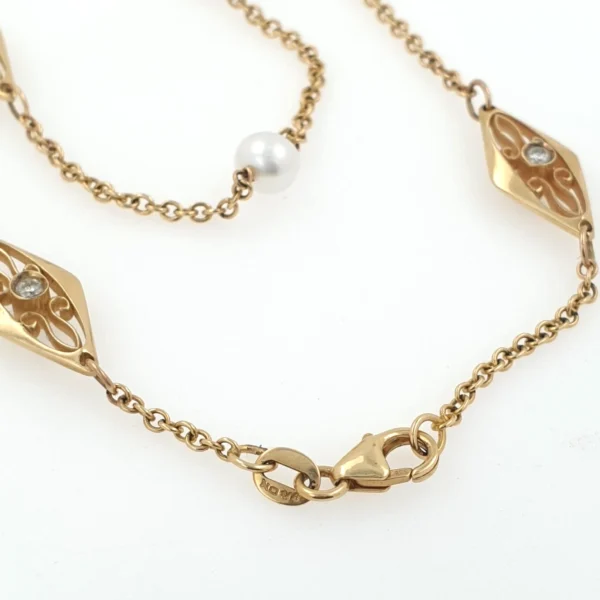 Long Double Stack 14k Gold Necklace with Pearls and Diamonds 0.78ct - Image 5