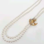 Vintage Double Pearl Necklace with Fish Pendant 14k Gold & Diamonds