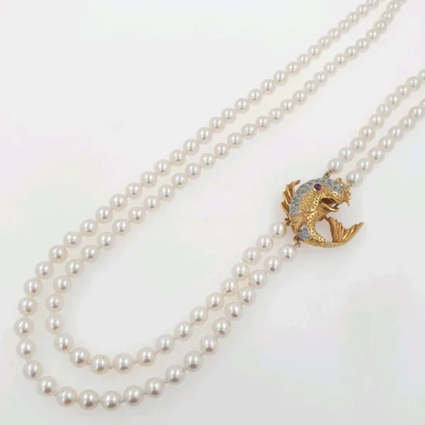 Vintage Double Pearl Necklace with Fish Pendant 14k Gold & Diamonds
