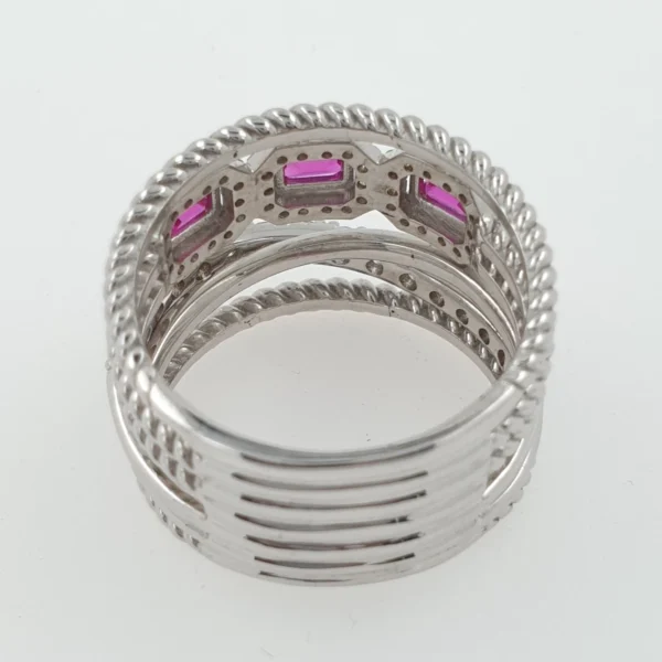 Big Stacked 14K White Gold Ring with Diamonds and Pink Rubies - Image 6