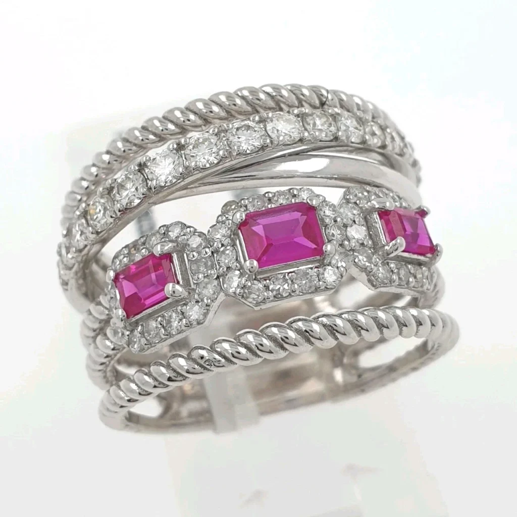 Big Stacked 14K White Gold Ring with Diamonds and Pink Rubies