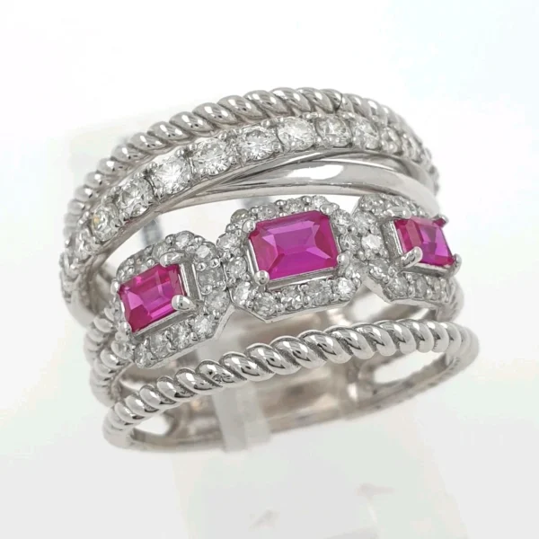 Big Stacked 14K White Gold Ring with Diamonds and Pink Rubies