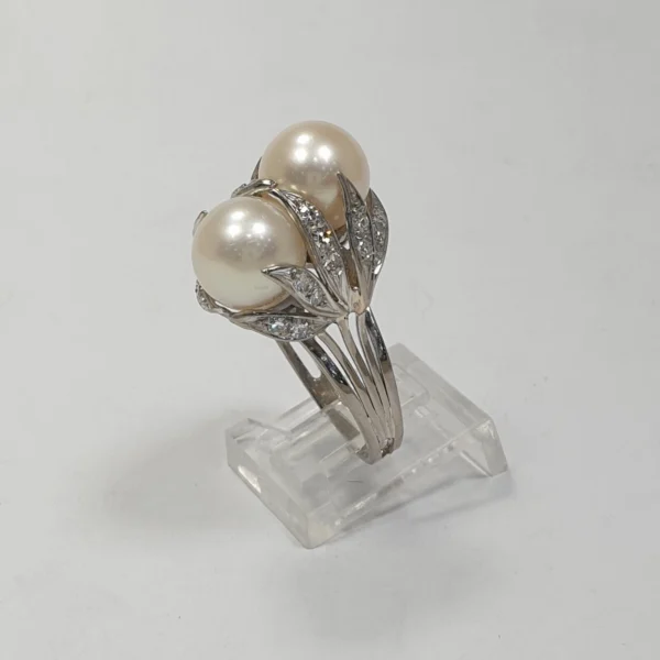 Vintage South Sea Pearl Ring Toi Et Moi Diamonds 15k White Gold - Image 8