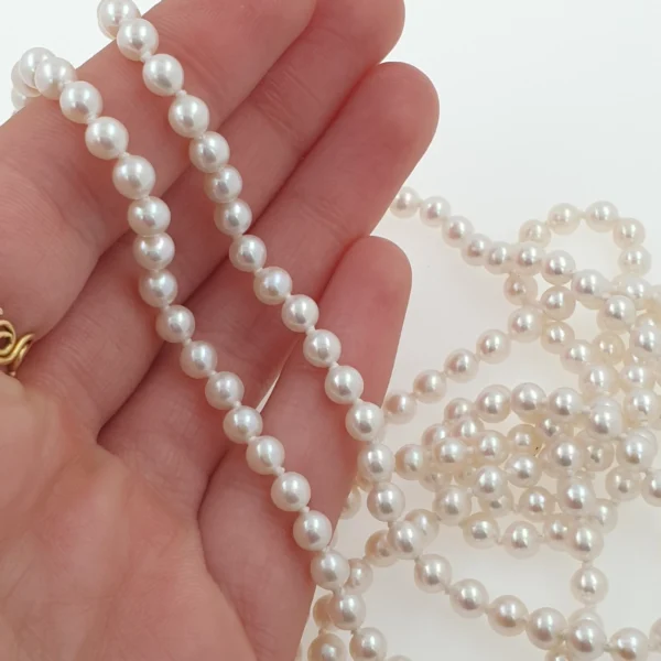 Vintage Double Pearl Necklace with Fish Pendant 14k Gold & Diamonds - Image 4