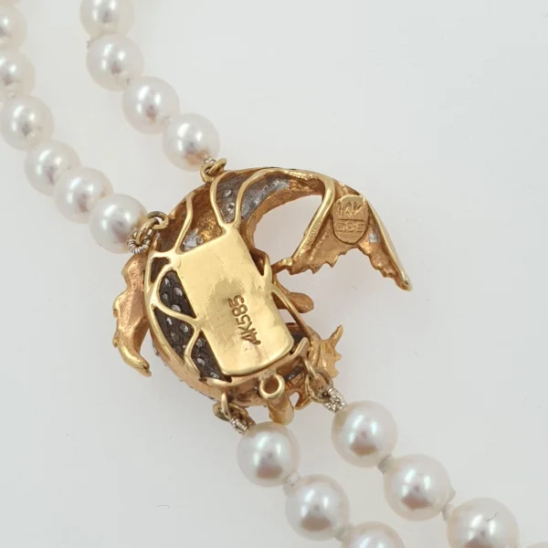 Vintage Double Pearl Necklace with Fish Pendant 14k Gold & Diamonds - Image 5