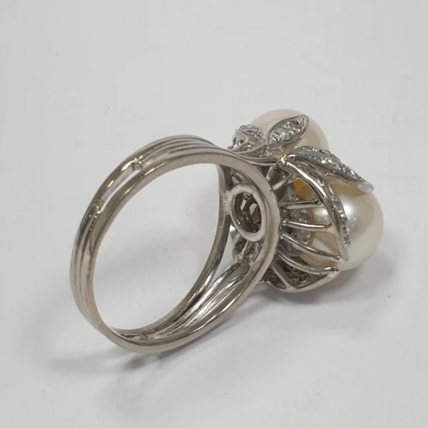 Vintage South Sea Pearl Ring Toi Et Moi Diamonds 15k White Gold - Image 9