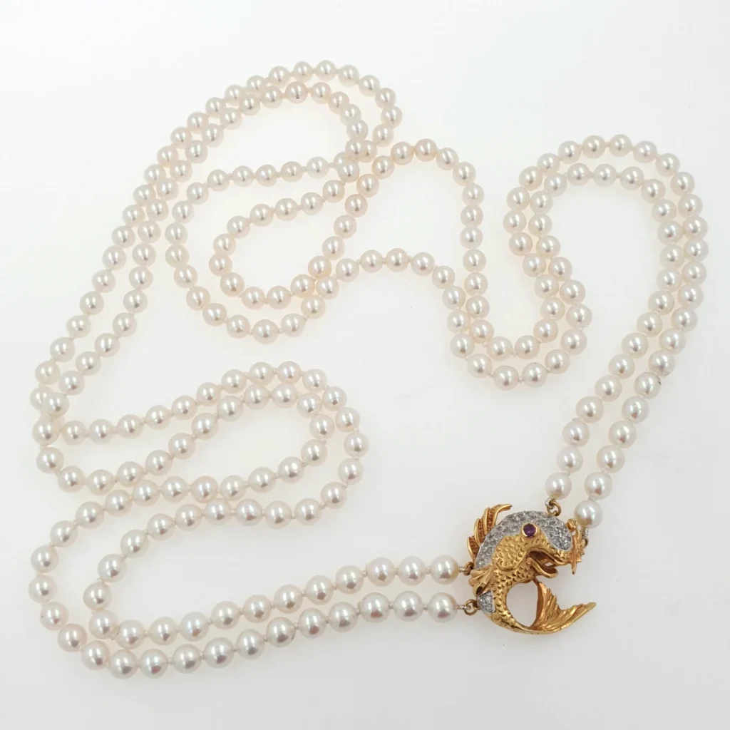Vintage Double Pearl Necklace with Fish Pendant 14k Gold & Diamonds