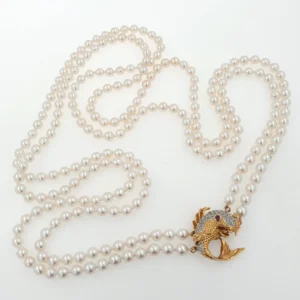 Vintage Double Pearl Necklace with Fish Pendant 14k Gold & Diamonds
